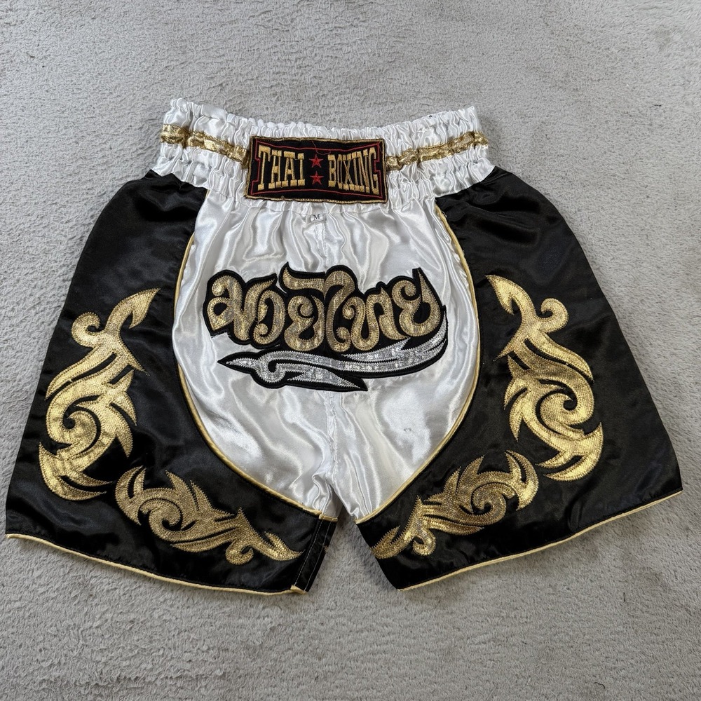 Muy Thai Shorts Mens Medium White Black Gold Drawstring Kick Boxing Performance